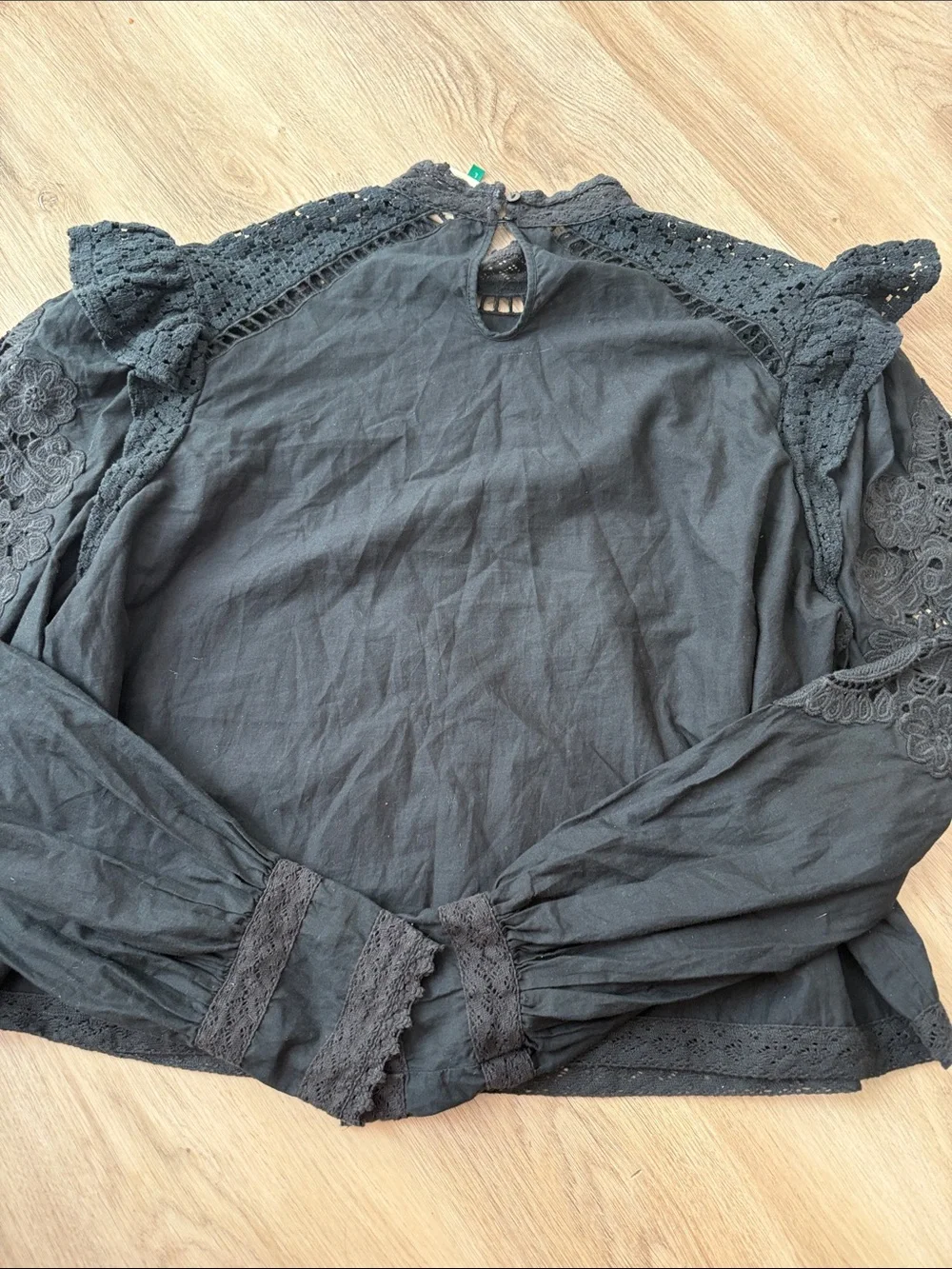 FARM Rio Black Eyelet and Lace High Neck Ruffle Blouse size large boho festival